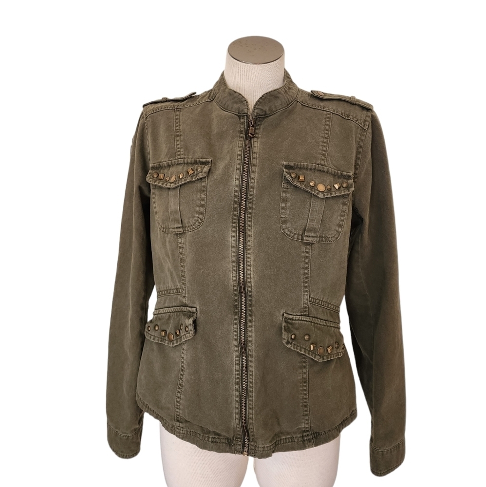 Maurices Army Green Mock Neck Studded Zip-Up 100% Cotton Pockets Jacket Size L